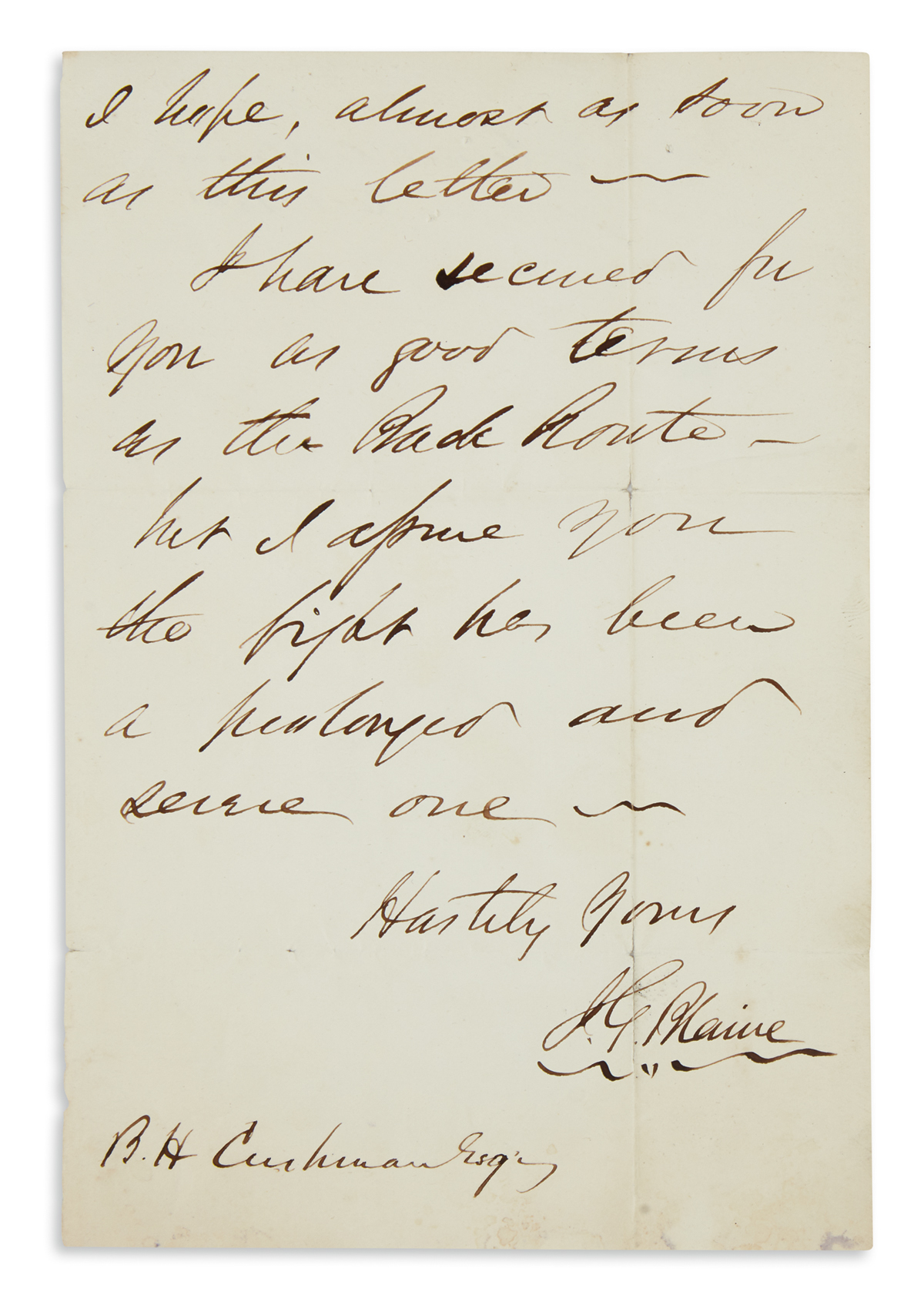 (CIVIL WAR.) JAMES G. BLAINE. Autograph Letter Signed, J.G. Blaine, to Androscoggin Railroad Superintendent Benjamin H...